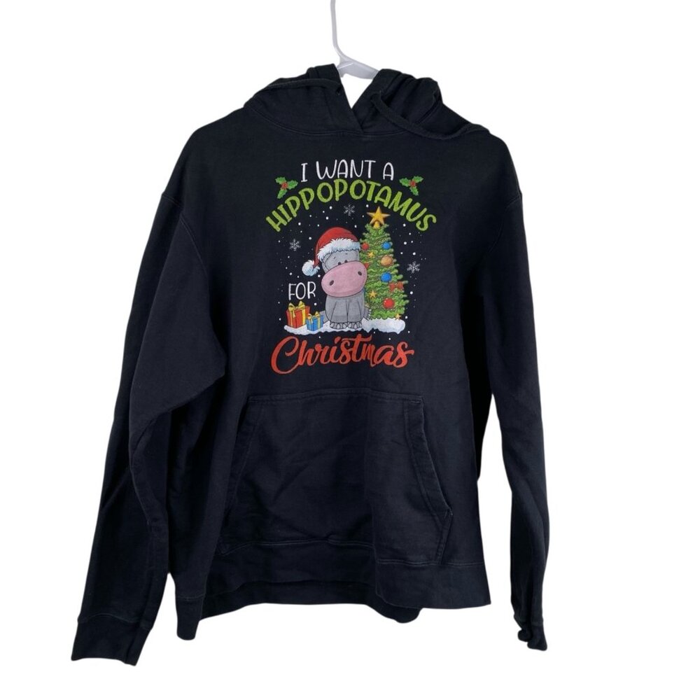 Vtg Sweatshirt Hoodie Christmas "I Want A Hippopotamus For Christmas" Black Sz L